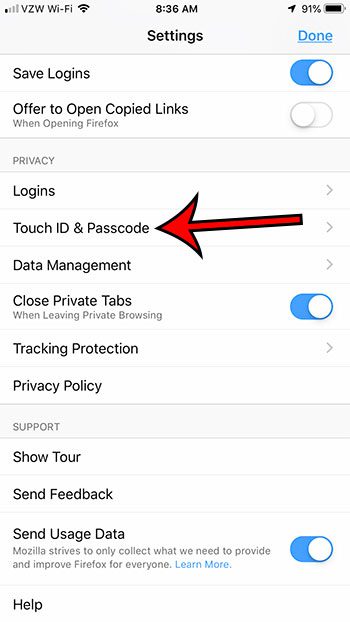 firefox touch id and passcode options