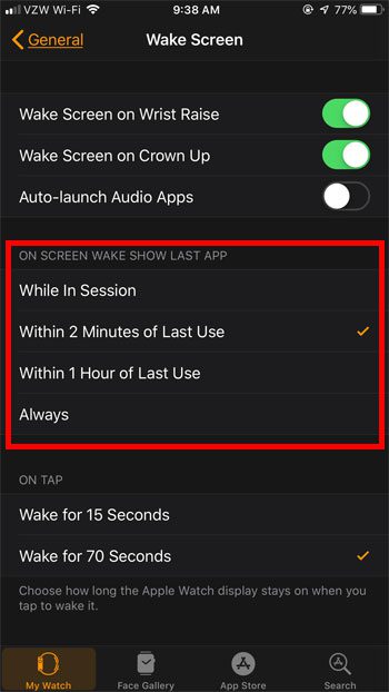 choose how long apple watch opens to app after last use
