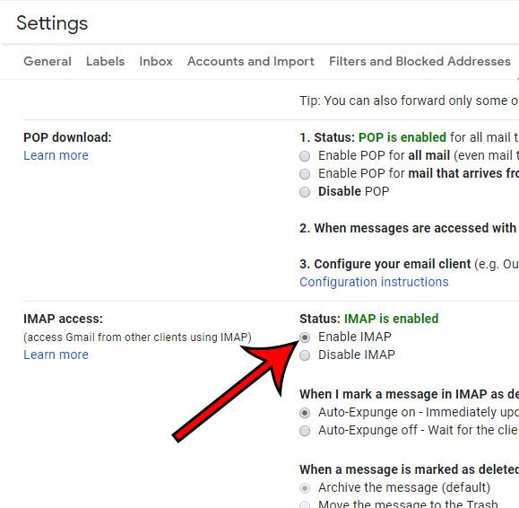 enable imap, then save changes