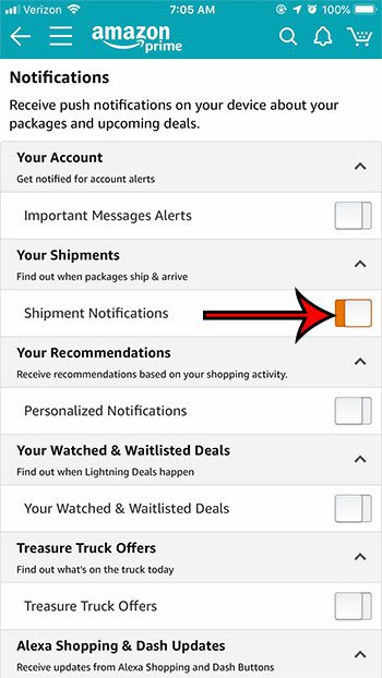 cómo habilitar las notificaciones de entrega en la aplicación de iphone de Amazon