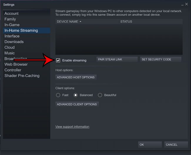 enable in home streaming in steam