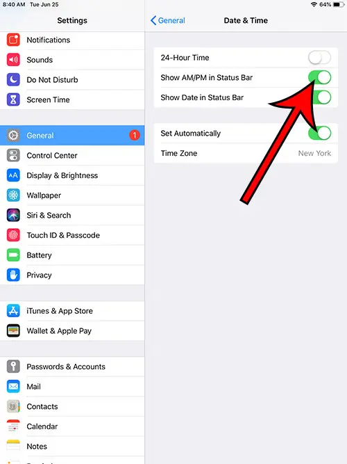 how to add or remove am pm from the ipad status bar