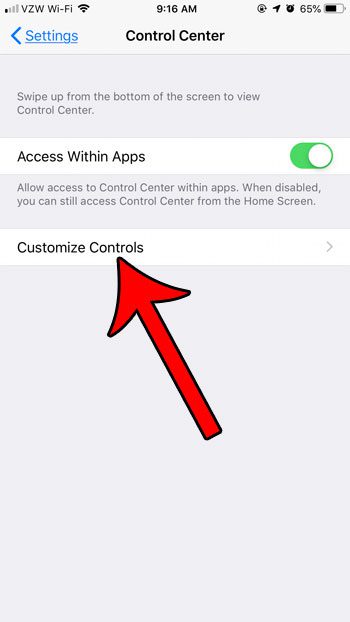 tap the customize controls button