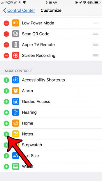 add the notes button to the iphone control center