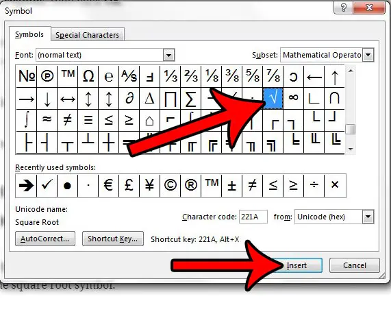 how to insert a square root symbol in microsoft word