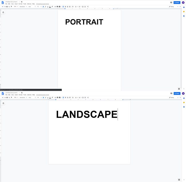 google docs portrait versus landscape