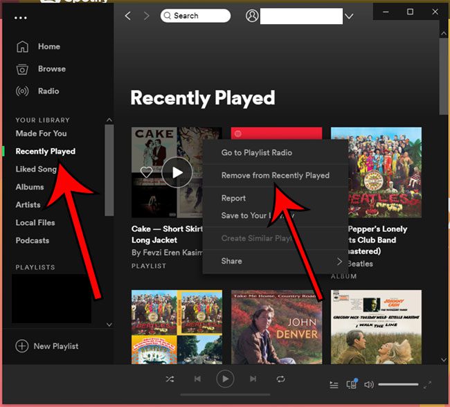 how to delete recently played in the Spotify desktop app