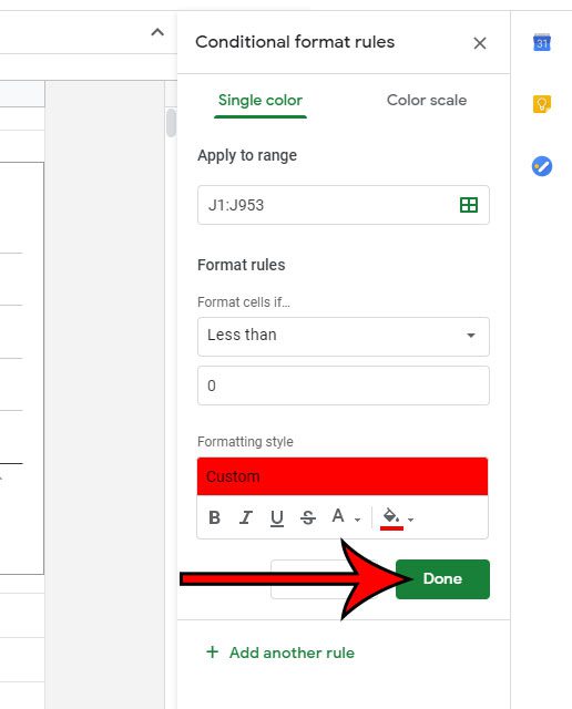 how to make cells red if the value is less than 0 in Google Sheets