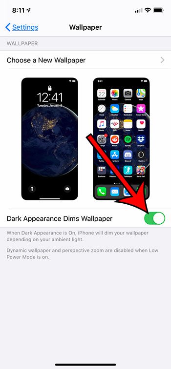 what does Dark Appearance Dims Wallpaper mean on my iPhone