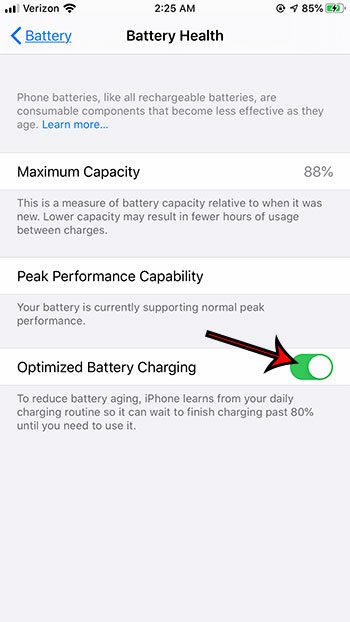 how to turn on or turn off Optimized Battery Charging on iPhone
