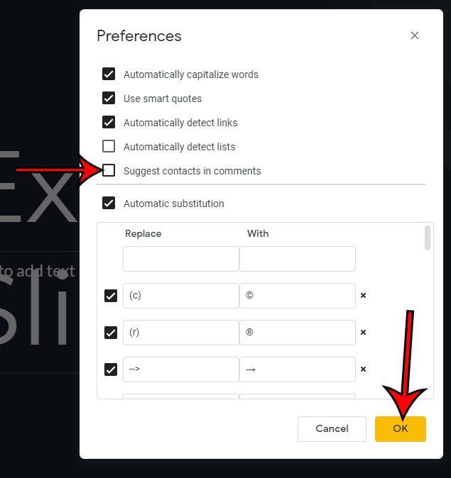 how to stop Google Slides from suggesting contacts in comments