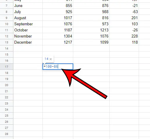 how to subtract two numbers in Google Sheets