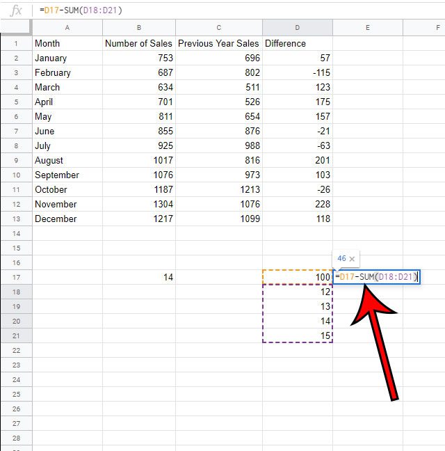 how to subtract a range of cells in Google Sheets