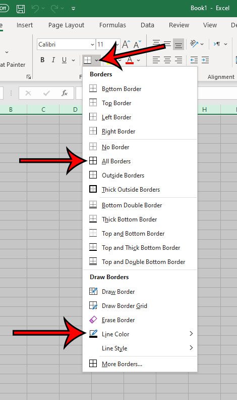 how to add borders and change border color in Excel 2016