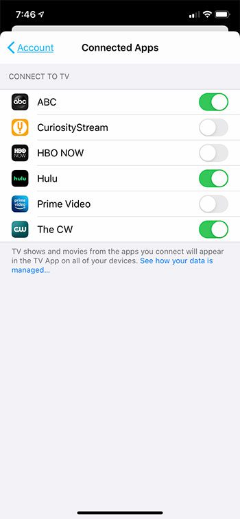 how to connect Hulu or Prime Video to the iPhone TV app