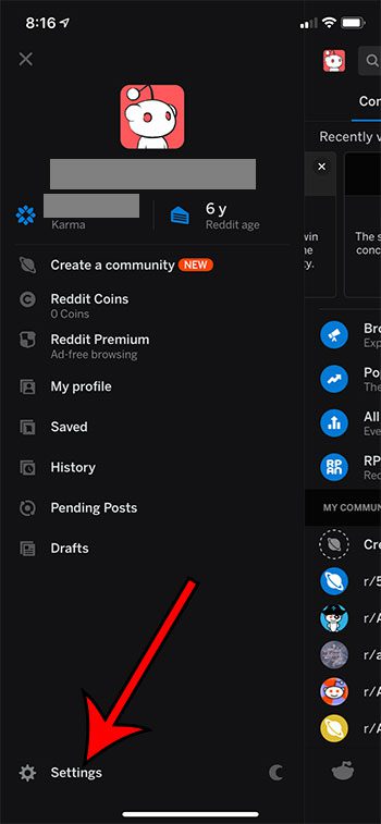 open Reddit iPhone settings menu