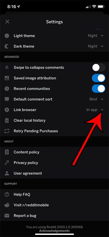 how to change the Web browser used by the Reddit iPhone app