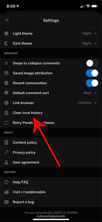 how to clear local history in the Reddit iPhone app