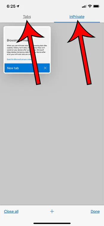 cómo cambiar entre el modo de navegación normal y privado en Microsoft Edge en un iPhone