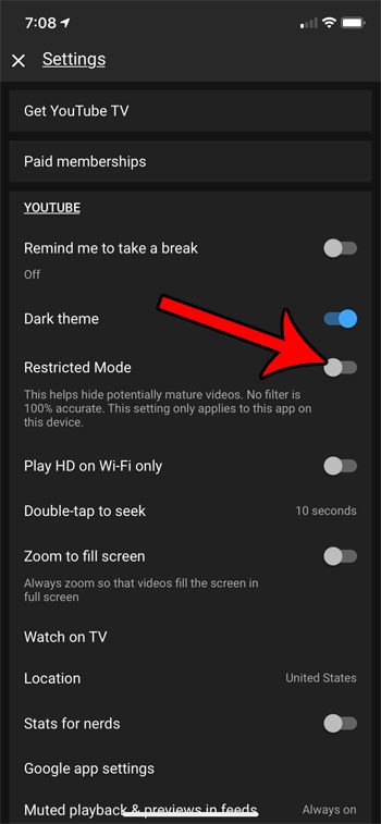 how to turn off restricted mode in the YouTube iPhone app