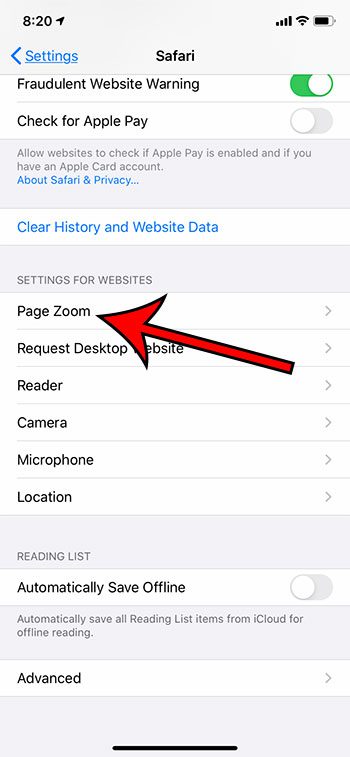 how to change page zoom in Safari on an iPhone