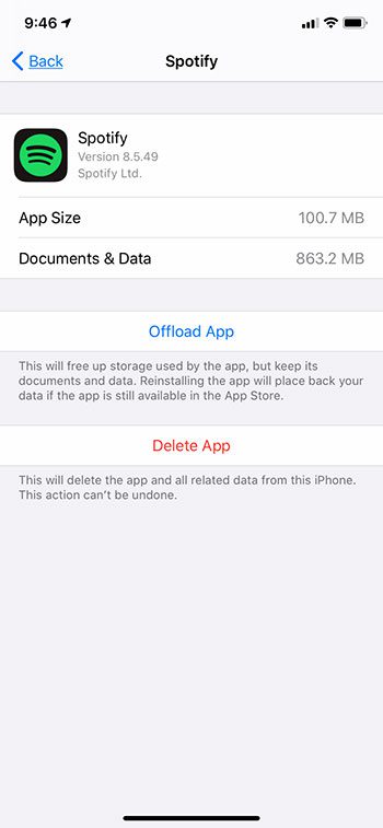 view Spotify storage usage on iPhone