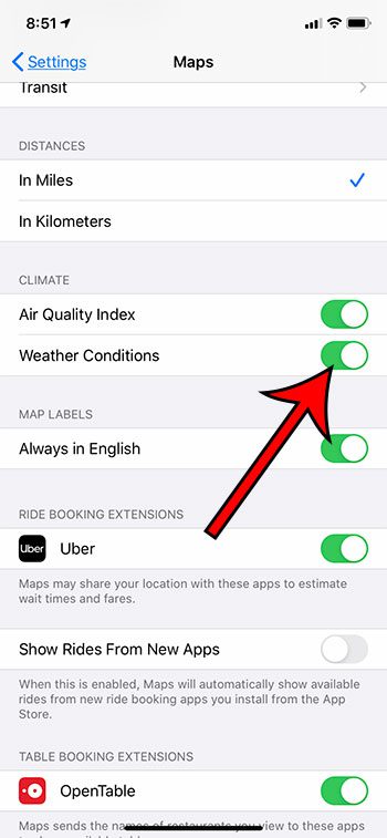 how to add weather to the default Maps app on iPhone