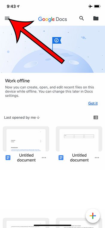 open the Google Docs iPhone menu
