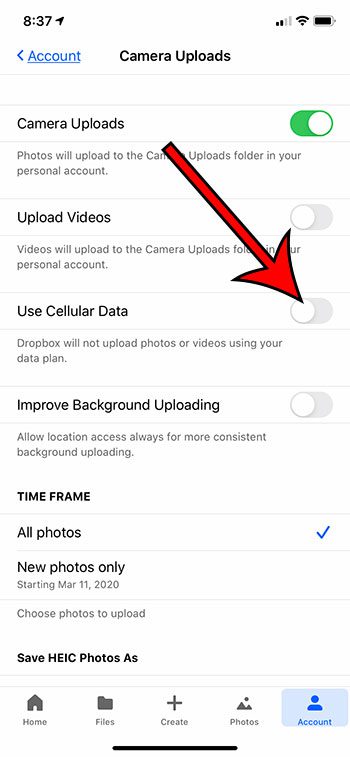 how to stop the iPhone Dropbox app from using cellular data for uploads
