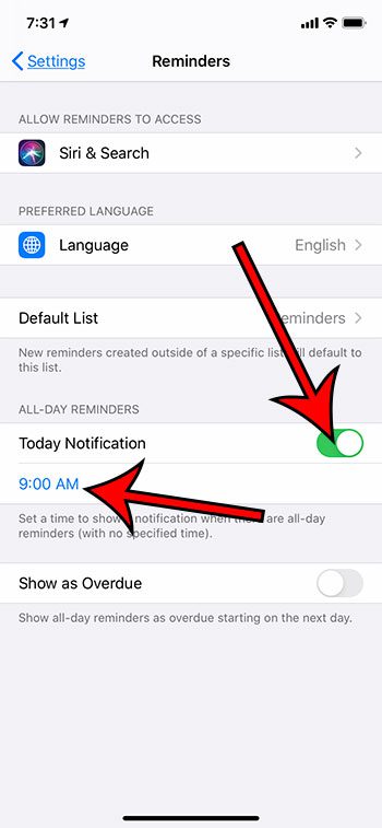 how to enable all day reminder notifications on an iPhone