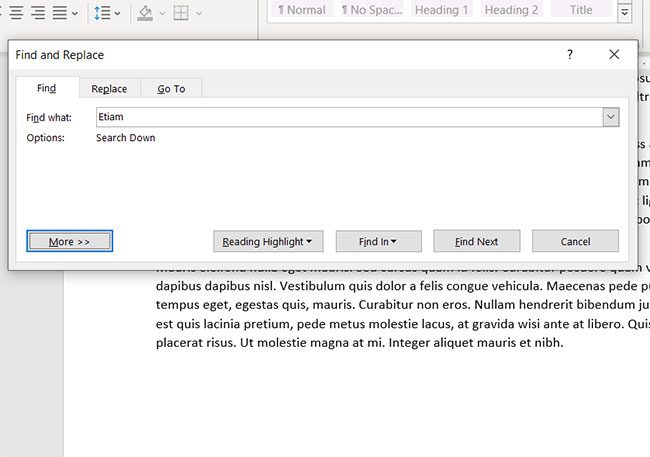 the Find and Replace dialog box in Microsoft Word for Office 365