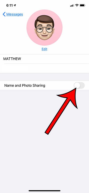 how to turn off name and photo sharing in Messages on an iPhone