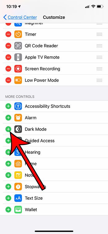 how to add a dark mode switch to the control center on an iPhone 11