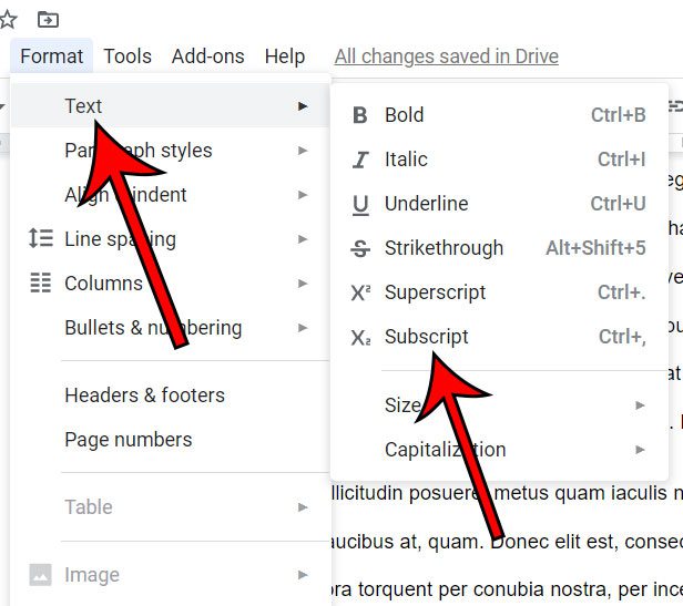 how to do subscript in Google Docs