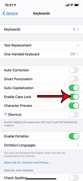 enable the caps lock iPhone setting