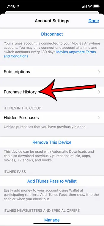 tap the Purchase History button