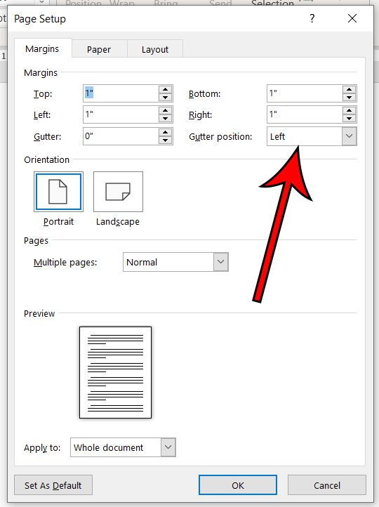 how to change gutter position in Microsoft Word 2016