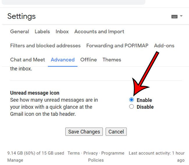 how to enable the unread message icon in Gmail