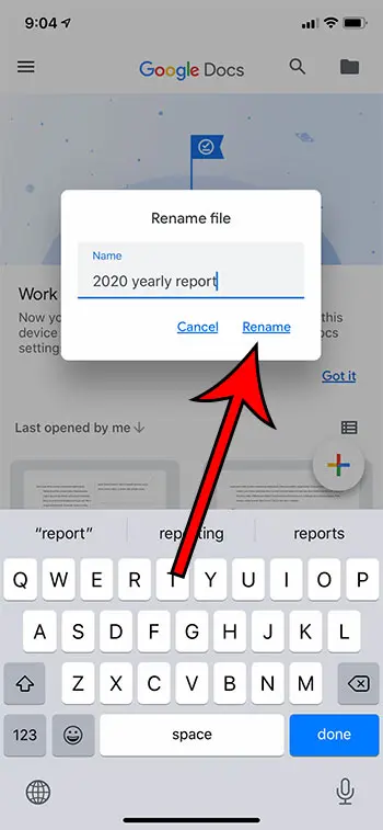 how to change a file name in Google Docs on an iPhone
