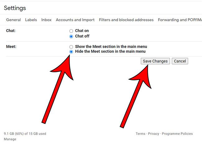 how to hide the Meet section in Gmail