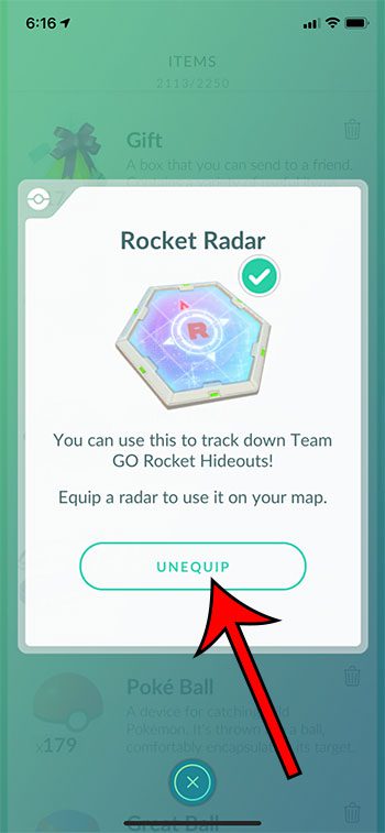 how to unequip a Rocket Radar in Pokemon Go
