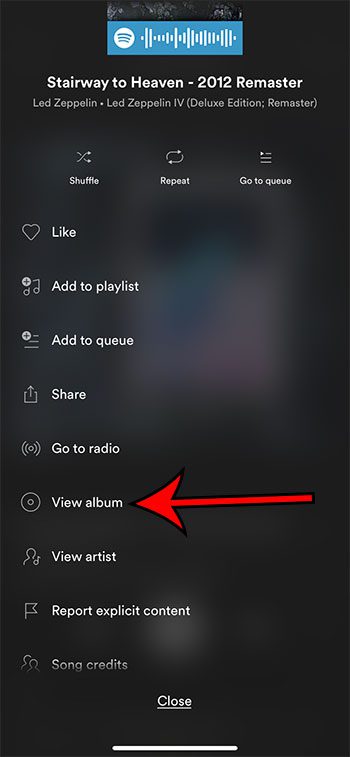 how to view an album for a song you're listening to in Spotify on iPhone
