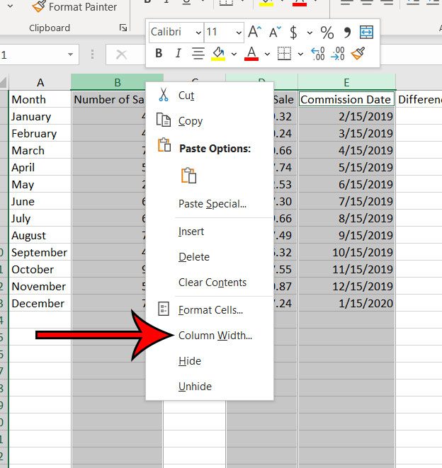 right-click on a column letter, then click Column Width