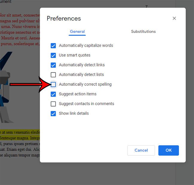 how to disable autocorrect in Google Docs