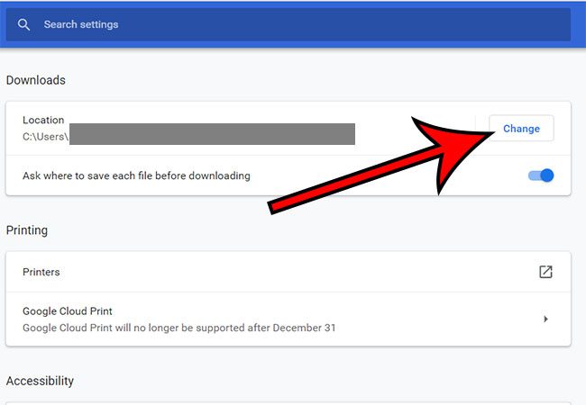 how to change the Google Chrome Downloads folder