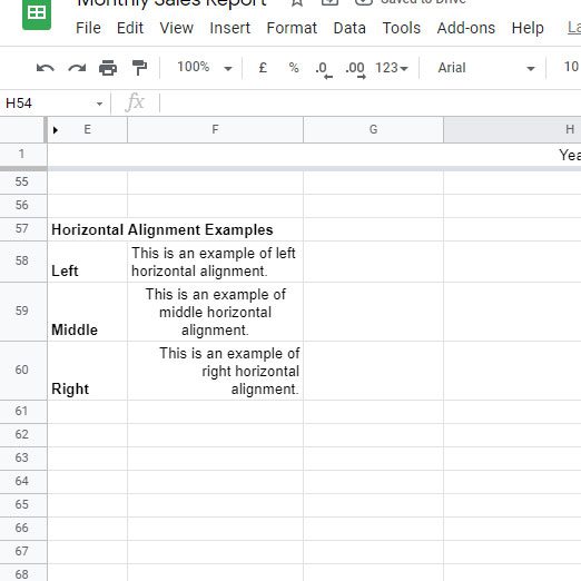 Google Sheets horizontal alignment examples