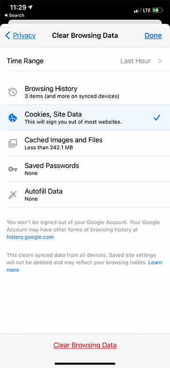 how to clear Chrome cookies on iPhone 11