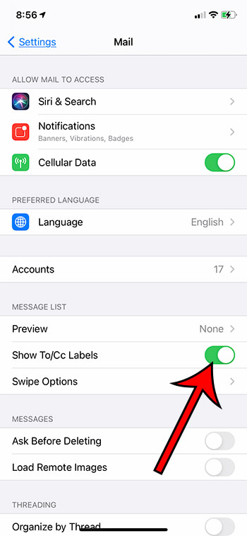 how to show to cc labels in iPhone Mail inbox