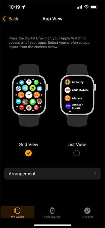 how to switch between Grid View and List View on the Apple Watch