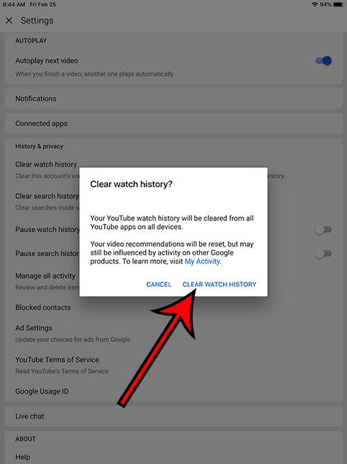 confirm that you want to delete the history from your YouTube iPad app